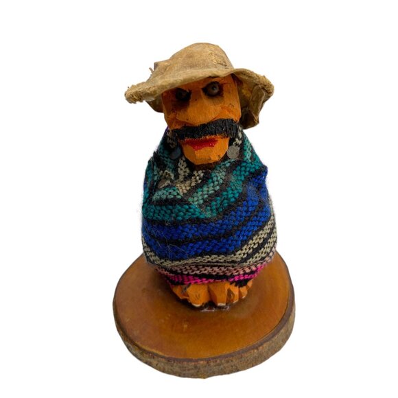 Handcrafted Wooden Folk Art Figurine Man With Poncho & Hat Carved Southwest 3” - Picture 7 of 10